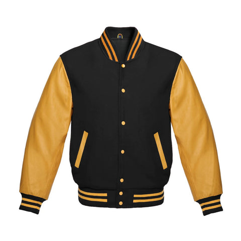 Black Wool and Gold Leather Varsity Jacket