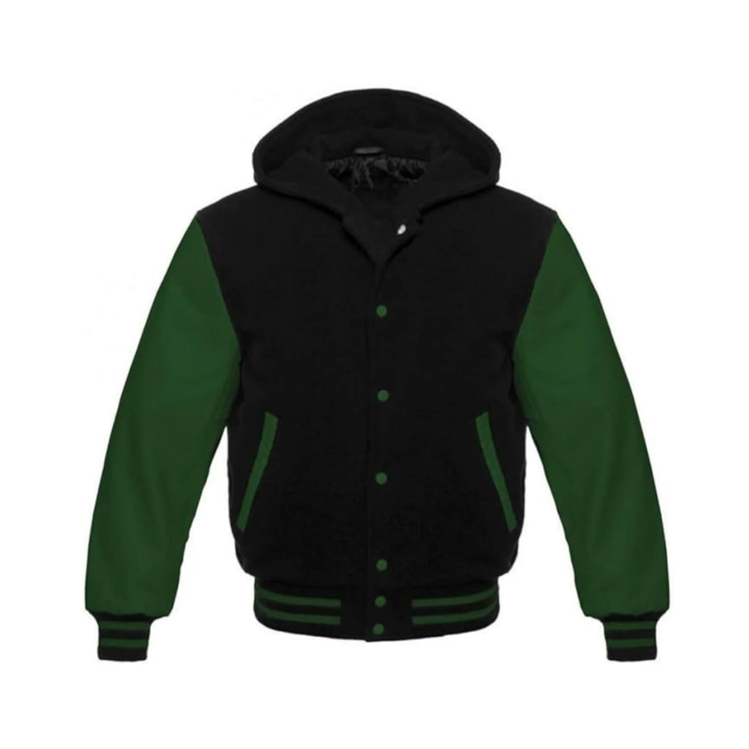 Black Wool and Green Leather Hooded Varsity Jacket