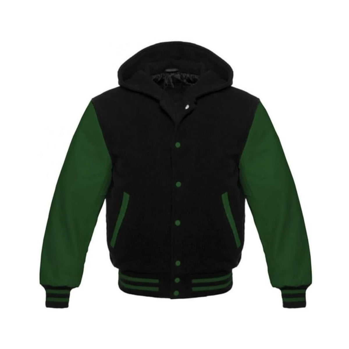 Black Wool and Green Leather Hooded Varsity Jacket