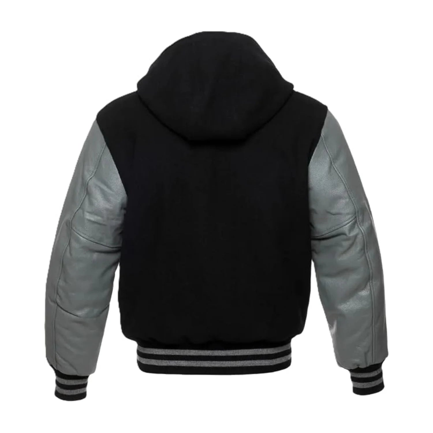 Black Wool and Grey Leather Hooded Varsity Jacket Back Side