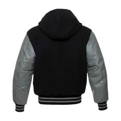 Black Wool and Grey Leather Hooded Varsity Jacket Back Side