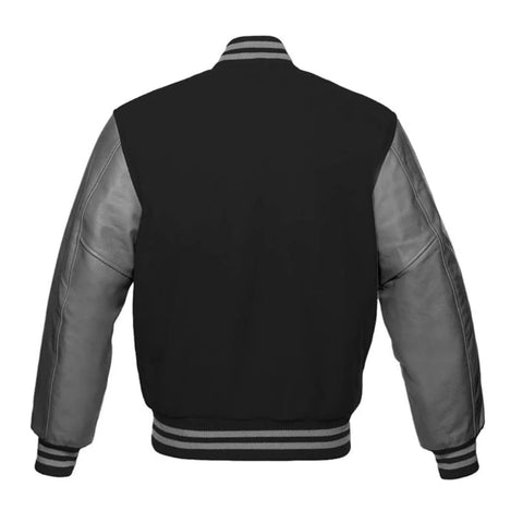 Black Wool and Grey Leather Varsity Jacket Back Side