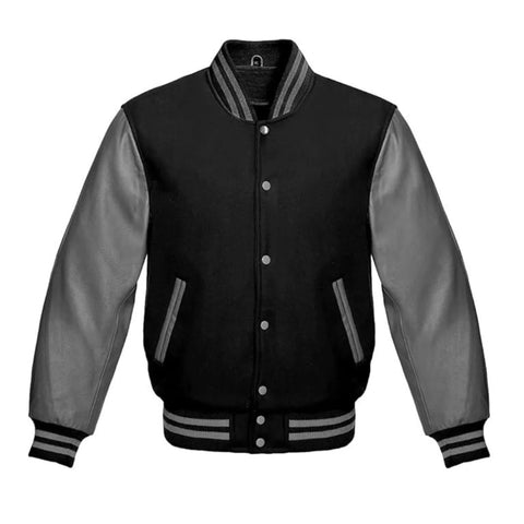 Black Wool and Grey Leather Varsity Jacket