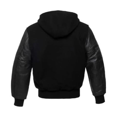 Black Wool and Leather Hooded Varsity Jacket Back Side
