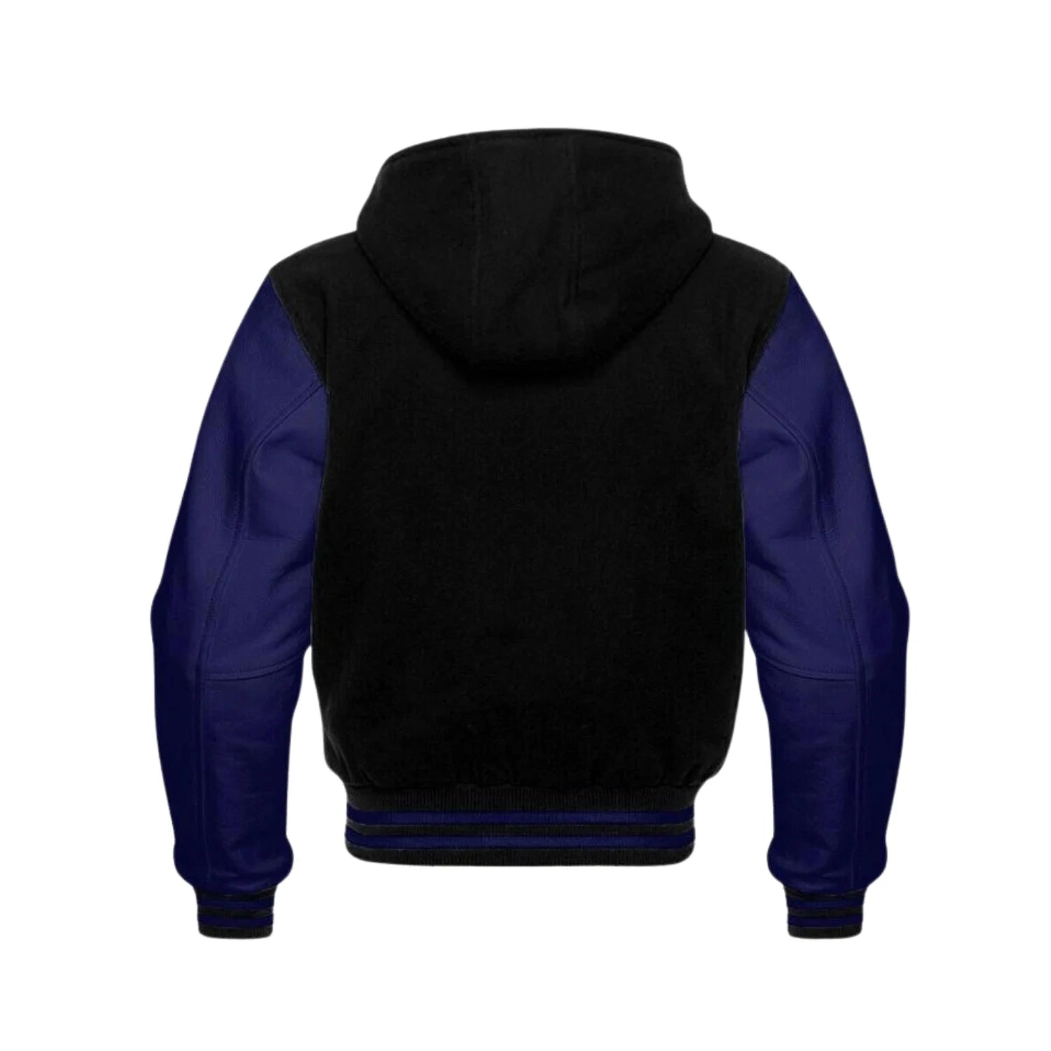 Black Wool and Navy Leather Hooded Varsity Jacket Back Side