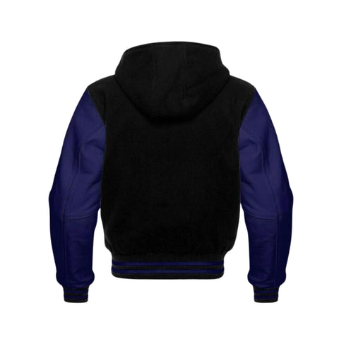 Black Wool and Navy Leather Hooded Varsity Jacket Back Side