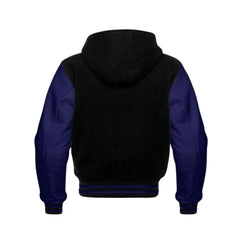 Black Wool and Navy Leather Hooded Varsity Jacket Back Side