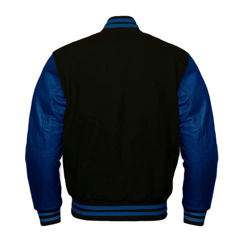 Black Wool and Navy Leather Varsity Jacket Back Side