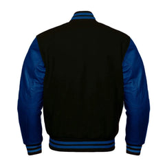 Black and Navy Varsity Jacket with Wool Body and Leather Sleeves Back Side