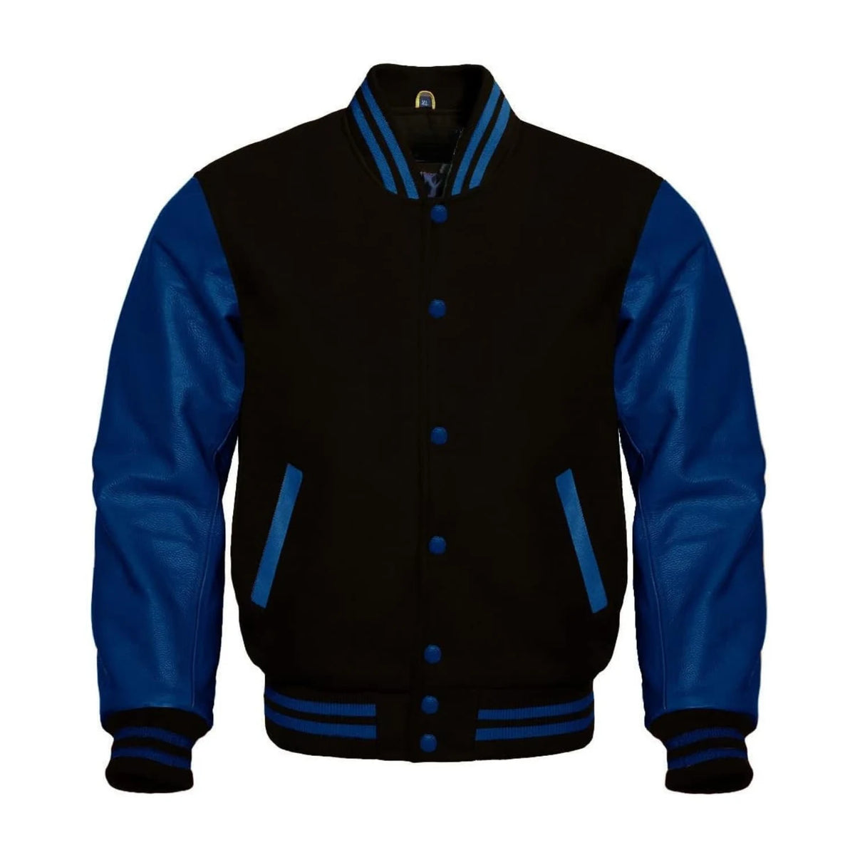 Black Wool and Navy Leather Varsity Jacket