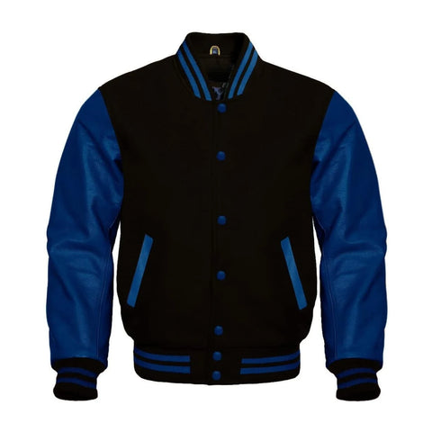 Black Wool and Navy Leather Varsity Jacket
