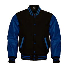 Black and Navy Varsity Jacket with Wool Body and Leather Sleeves