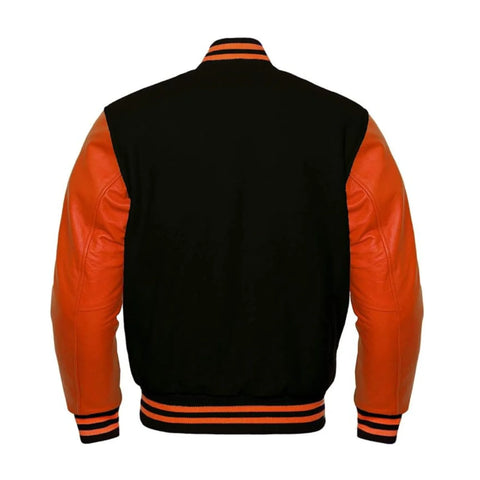 Black Wool and Orange Leather Varsity Jacket Back Side