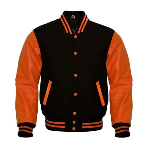 Black Wool and Orange Leather Varsity Jacket