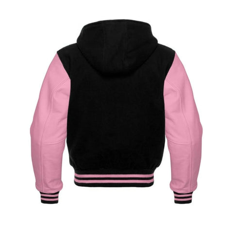 Black Wool and Pink Leather Hooded Varsity Jacket Back Side