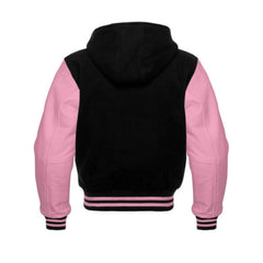 Black Wool and Pink Leather Hooded Varsity Jacket Back Side