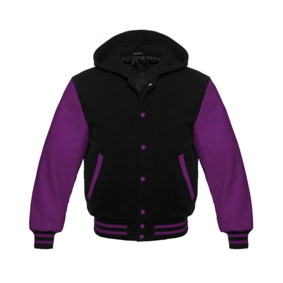 Black Wool and Purple Leather Hooded Varsity Jacket