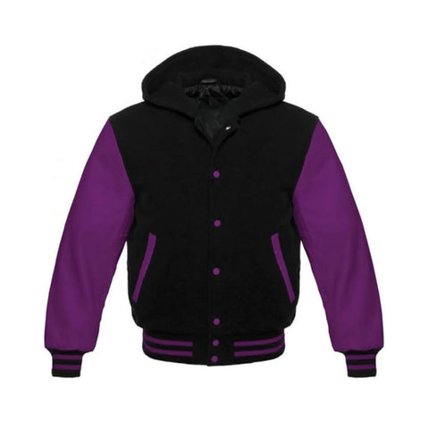 Black Wool and Purple Leather Hooded Varsity Jacket