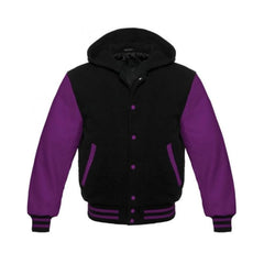 Black Wool and Purple Leather Hooded Varsity Jacket
