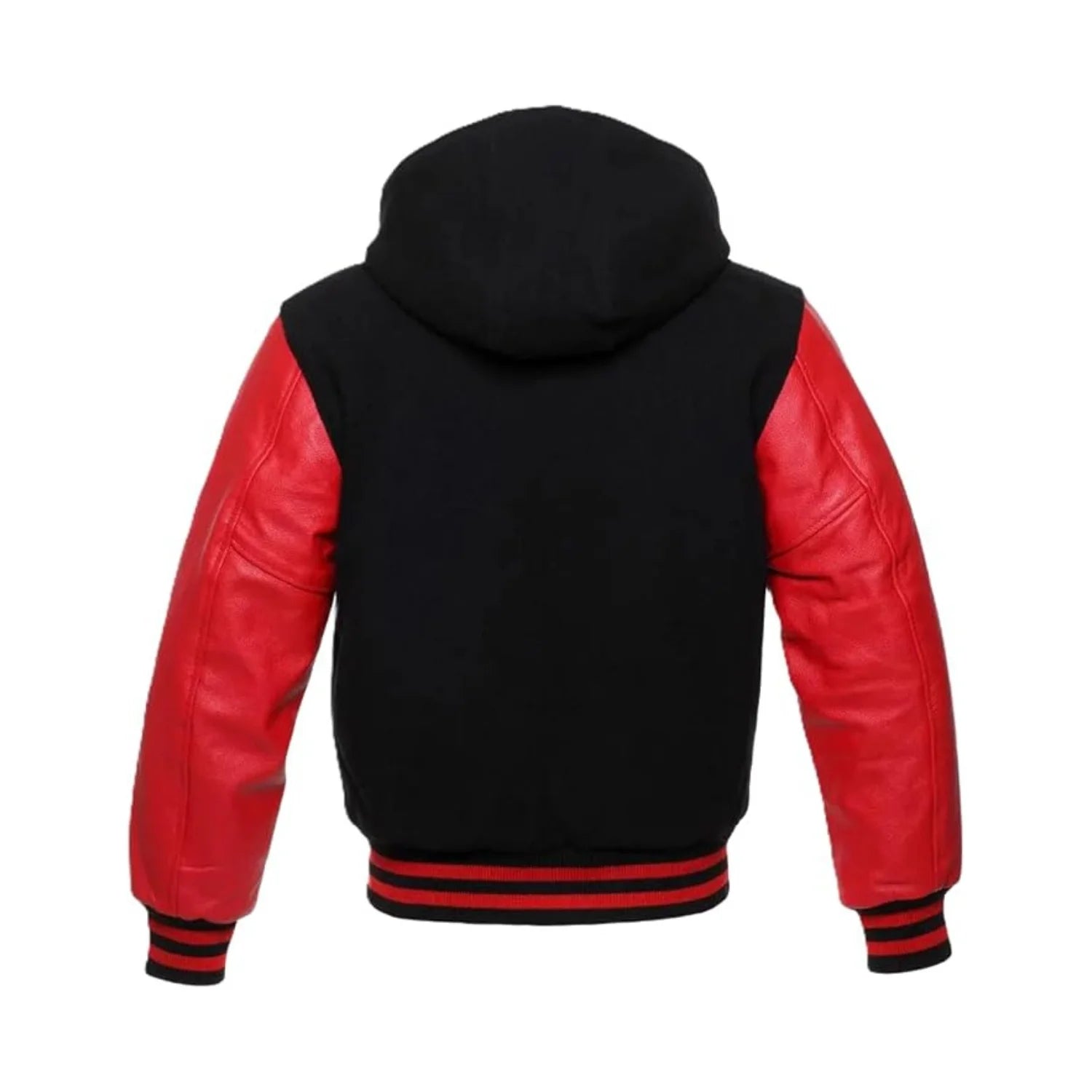 Black Wool and Red Leather Hooded Varsity Jacket Back Side
