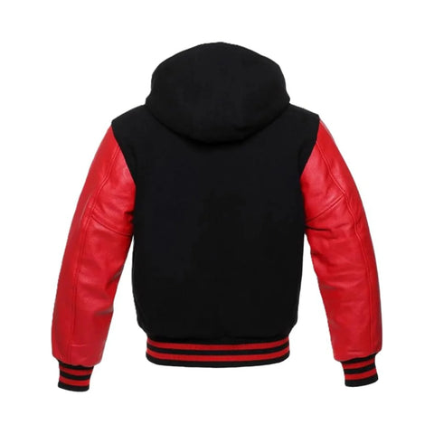Black Wool and Red Leather Hooded Varsity Jacket Back Side