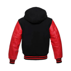 Black Wool and Red Leather Hooded Varsity Jacket Back Side