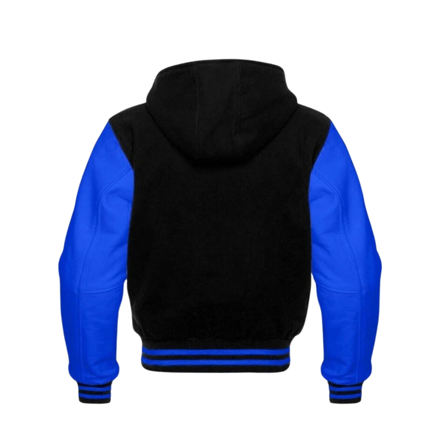 Black Wool and Royal Blue Leather Hooded Varsity Jacket Back Side