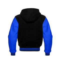 Black Wool and Royal Blue Leather Hooded Varsity Jacket Back Side