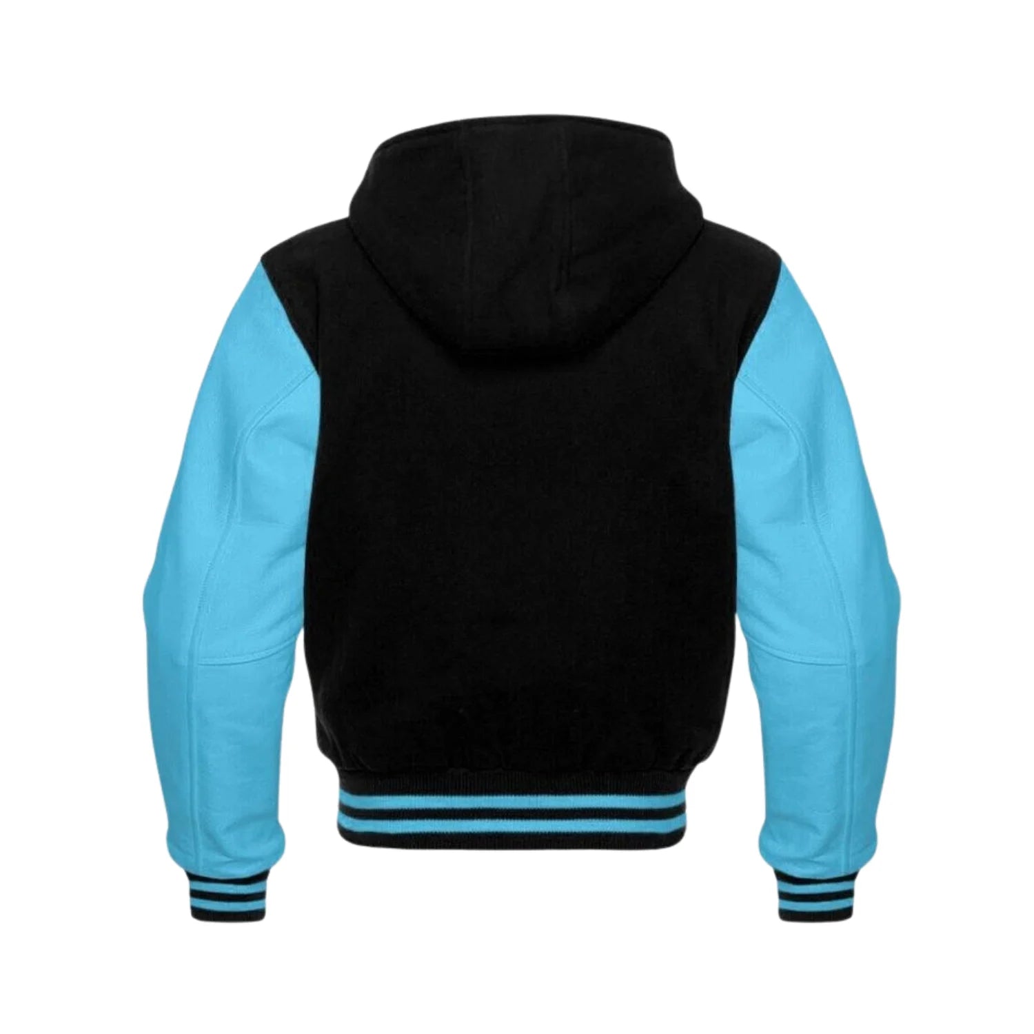 Black Wool and Sky Blue Leather Hooded Varsity Jacket Back Side