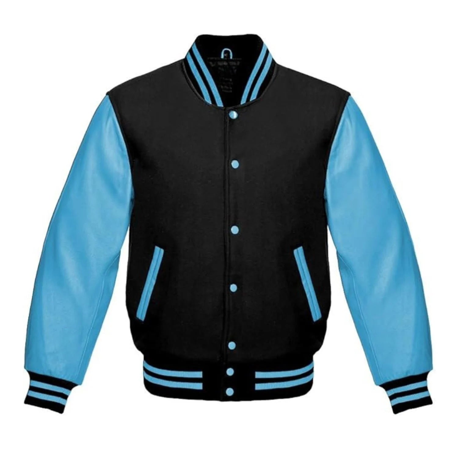 Black Wool and Sky Blue Leather Varsity Jacket