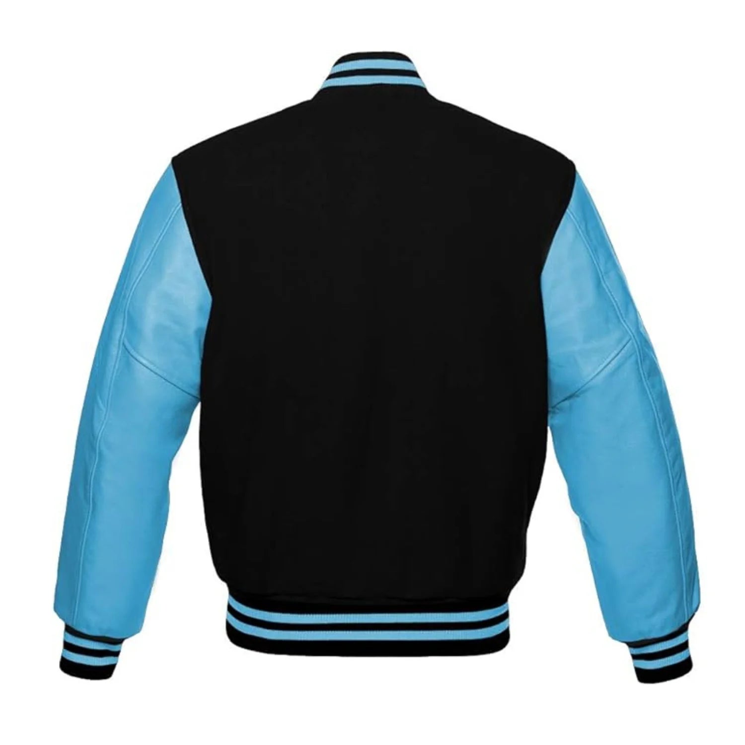 Black Wool and Sky Blue Leather Varsity Jacket Back Side