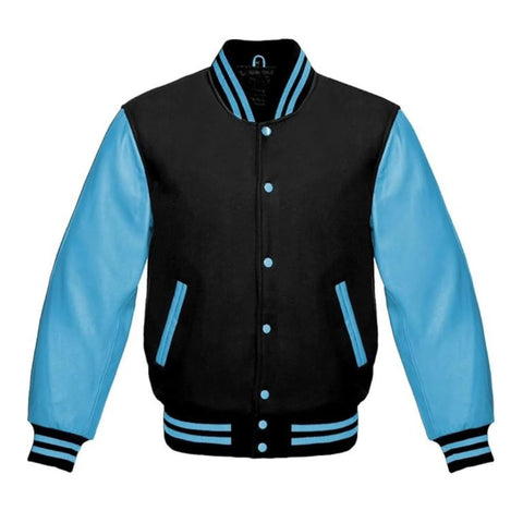 Black Wool and Sky Blue Leather Varsity Jacket