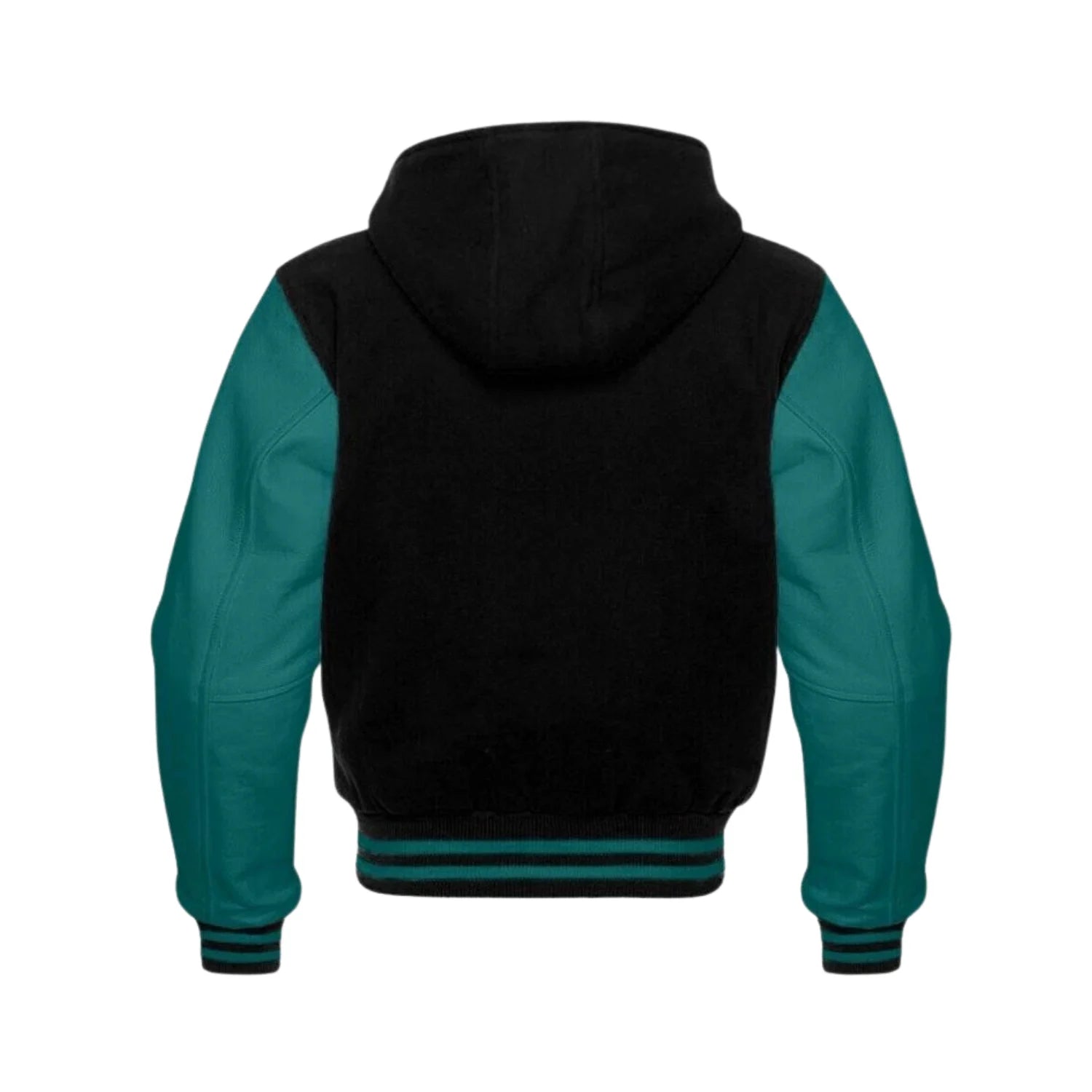 Black Wool and Teal Leather Hooded Varsity Jacket Back Side