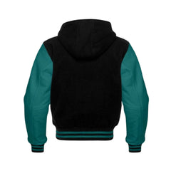 Black Wool and Teal Leather Hooded Varsity Jacket Back Side