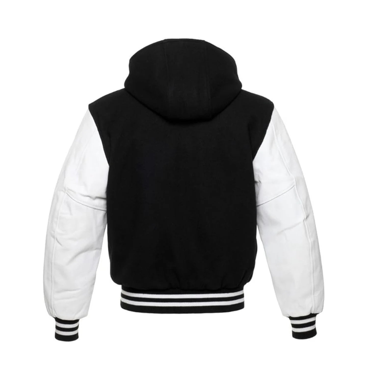 Black Wool and White Leather Hooded Varsity Jacket Back Side