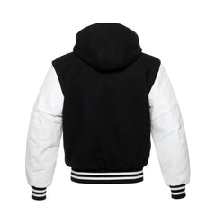 Black Wool and White Leather Hooded Varsity Jacket Back Side