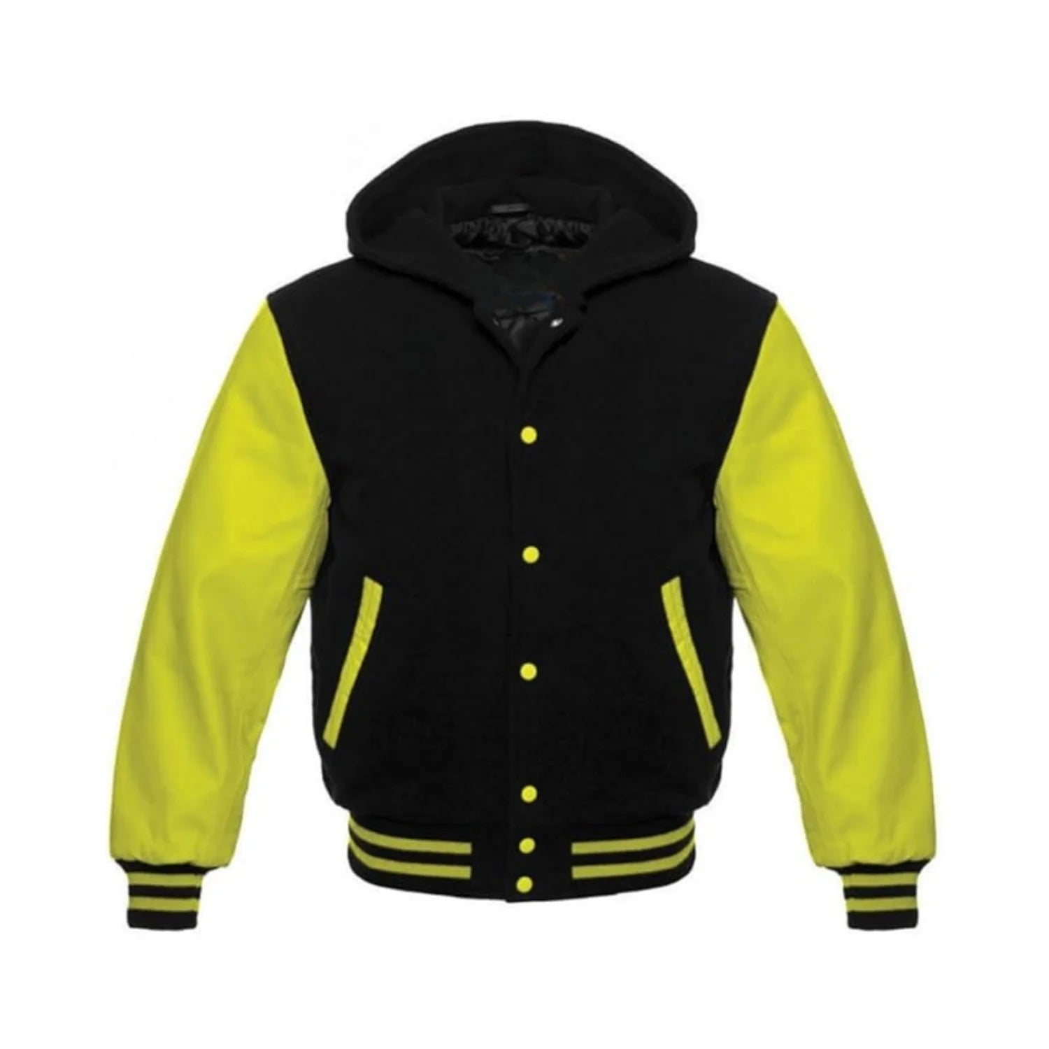 Black Wool and Yellow Leather Hooded Varsity Jacket