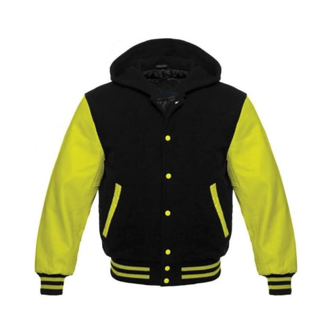 Black Wool and Yellow Leather Hooded Varsity Jacket