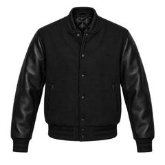 Black Varsity Jacket with Wool Body and Leather Sleeves