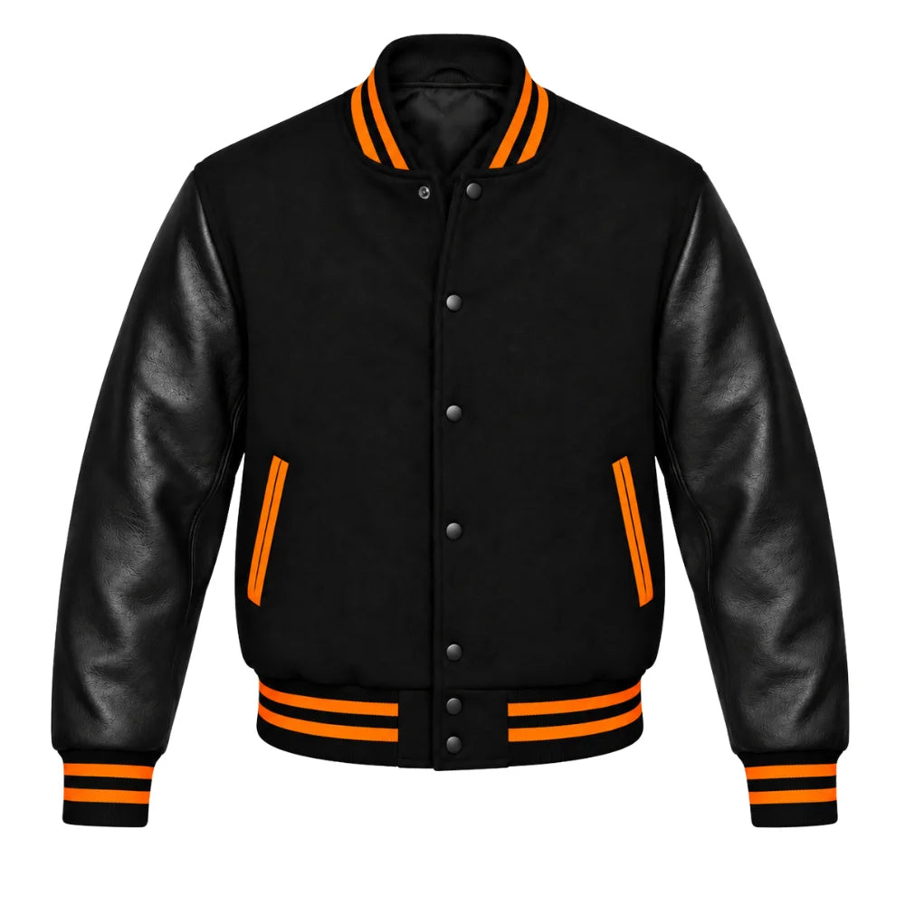 Black Varsity Jacket having Orange Trims with Wool Body and Leather Sleeves