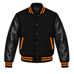 Black Varsity Jacket having Orange Trims with Wool Body and Leather Sleeves