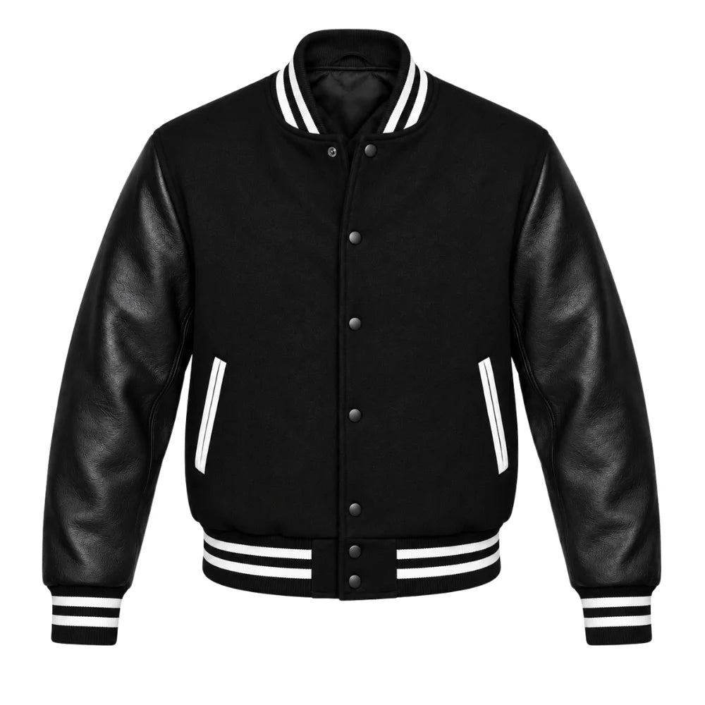 Black Varsity Jacket having White Trims with Wool Body and Leather Sleeves