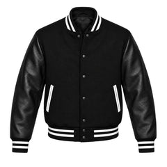 Black Varsity Jacket having White Trims with Wool Body and Leather Sleeves