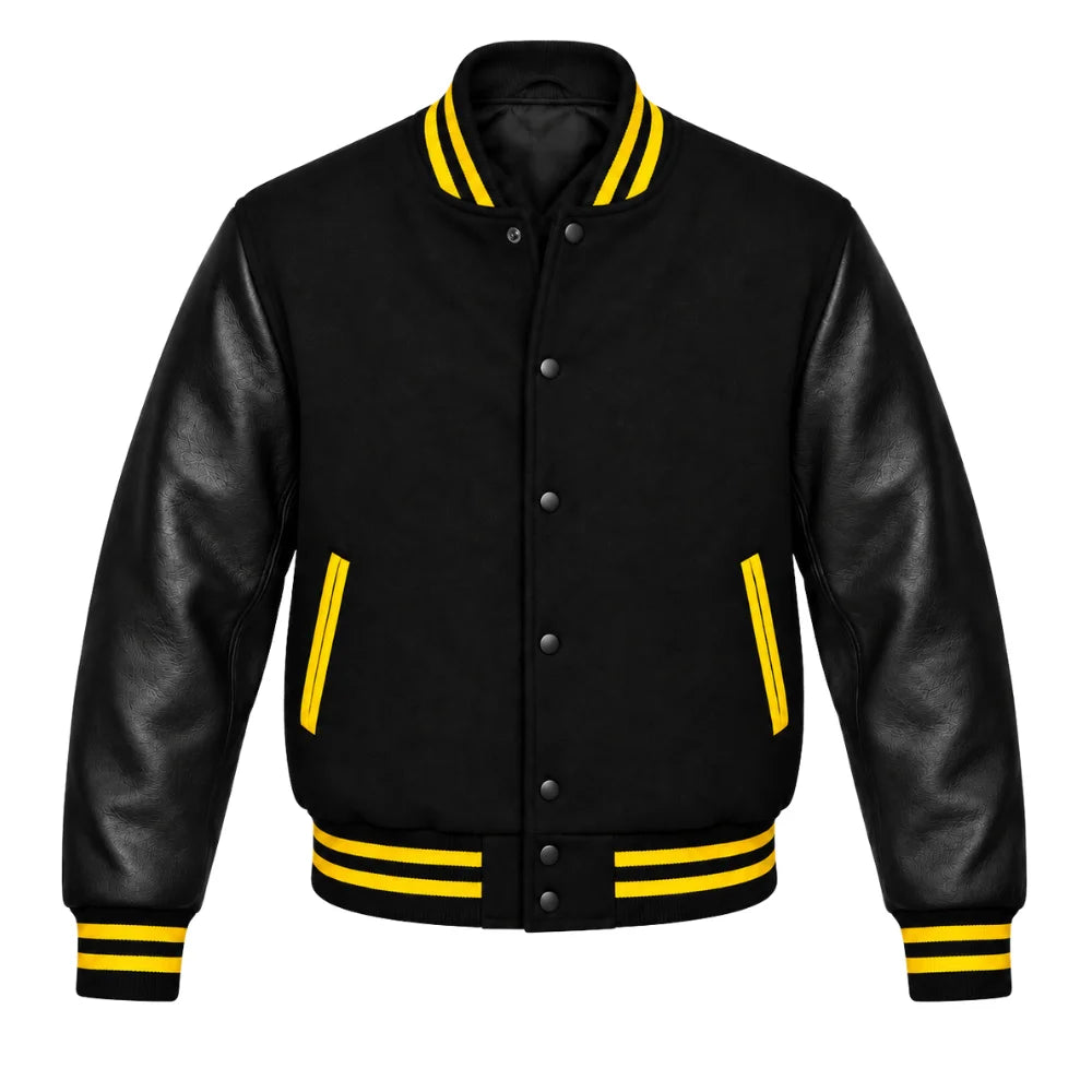 Black Varsity Jacket having Yellow Trims with Wool Body and Leather Sleeves