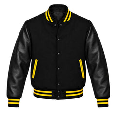 Black Varsity Jacket having Yellow Trims with Wool Body and Leather Sleeves