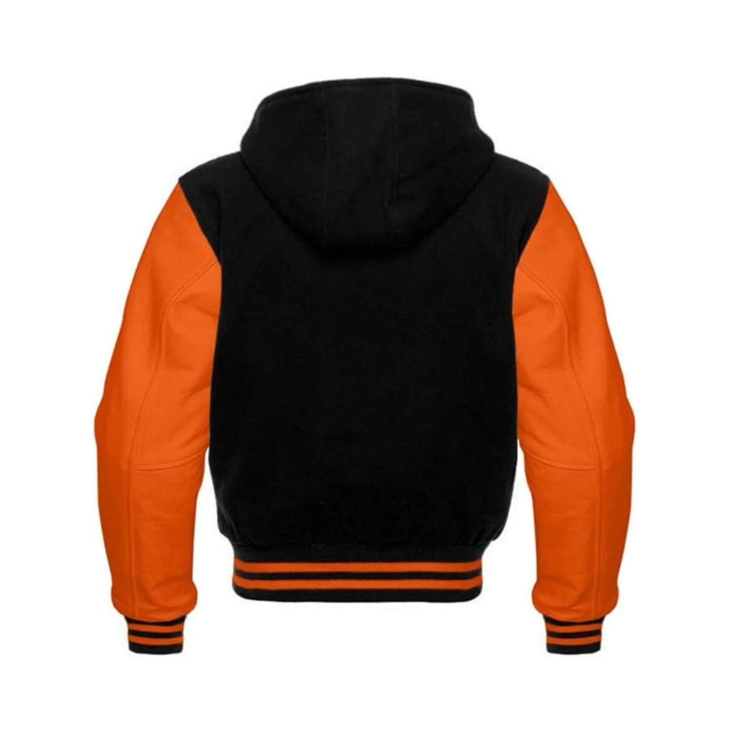 Black Wool and Orange Leather Hooded Varsity Jacket Back Side