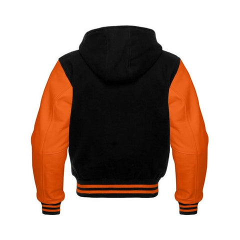 Black Wool and Orange Leather Hooded Varsity Jacket Back Side
