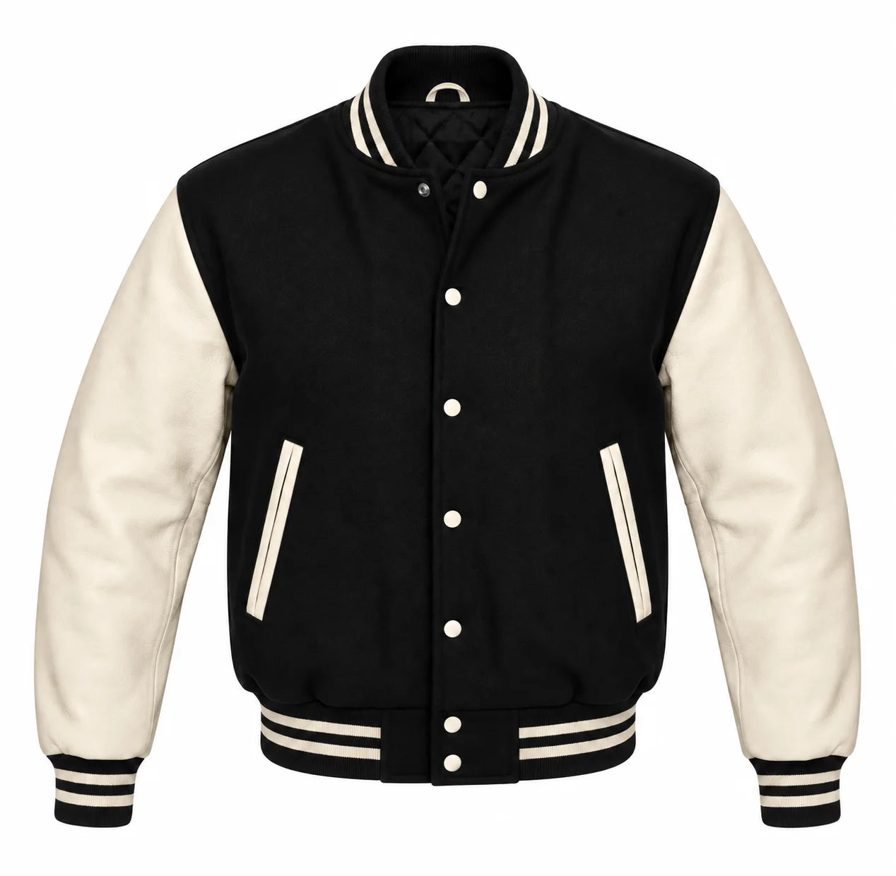 Black and Cream Varsity Jacket with Wool Body and Leather Sleeves