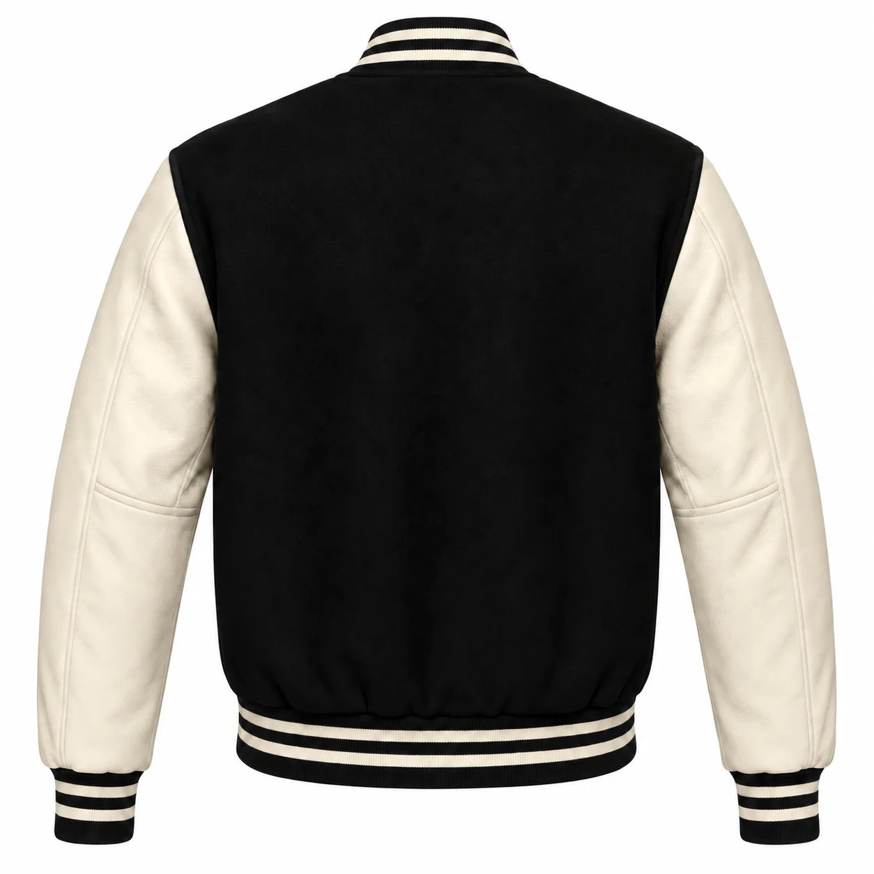 Black and Cream Varsity Jacket with Wool Body and Leather Sleeves Back View