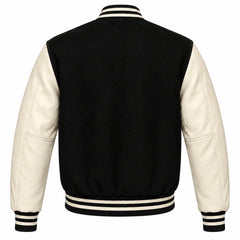 Black and Cream Varsity Jacket with Wool Body and Leather Sleeves Back View